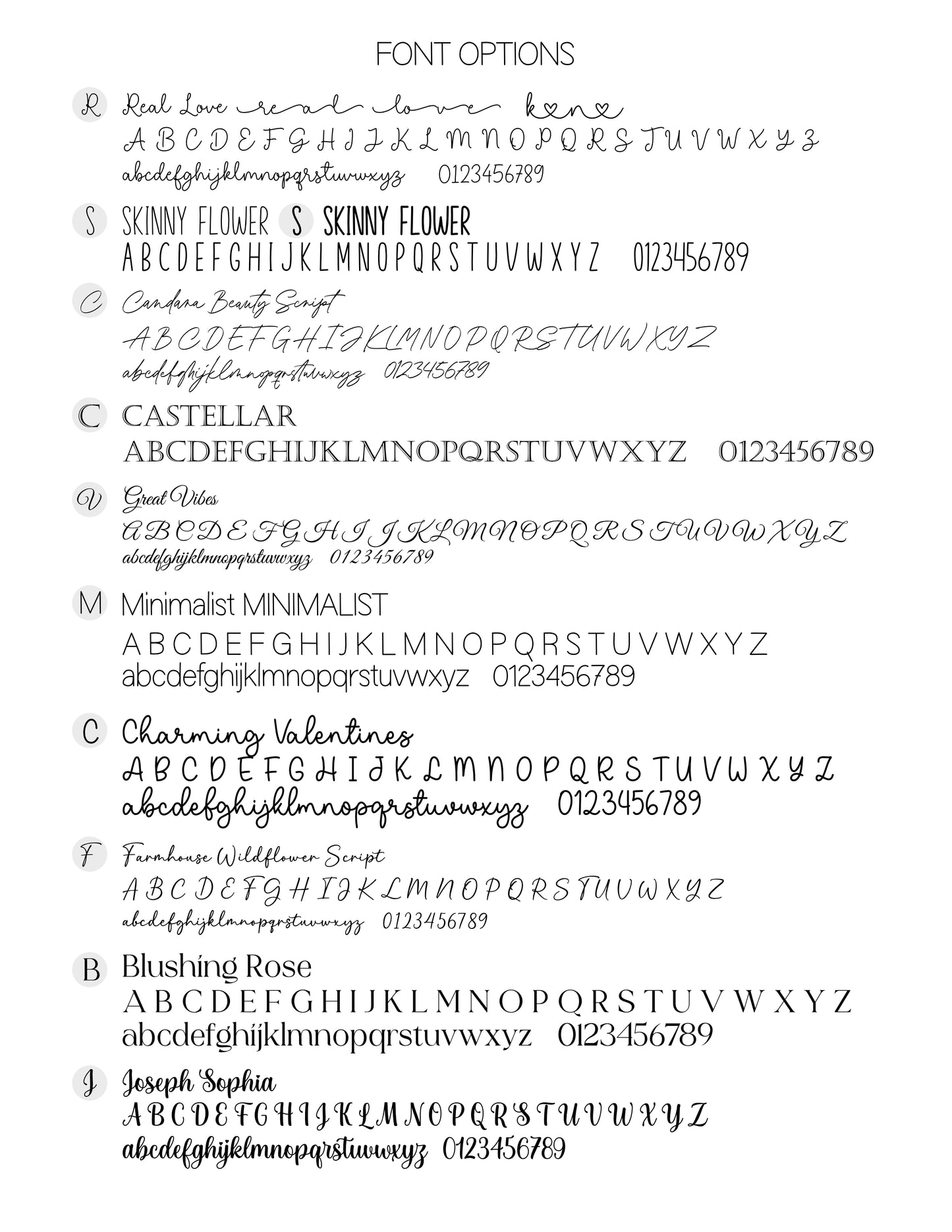 List of fonts that can be used for custom engraving