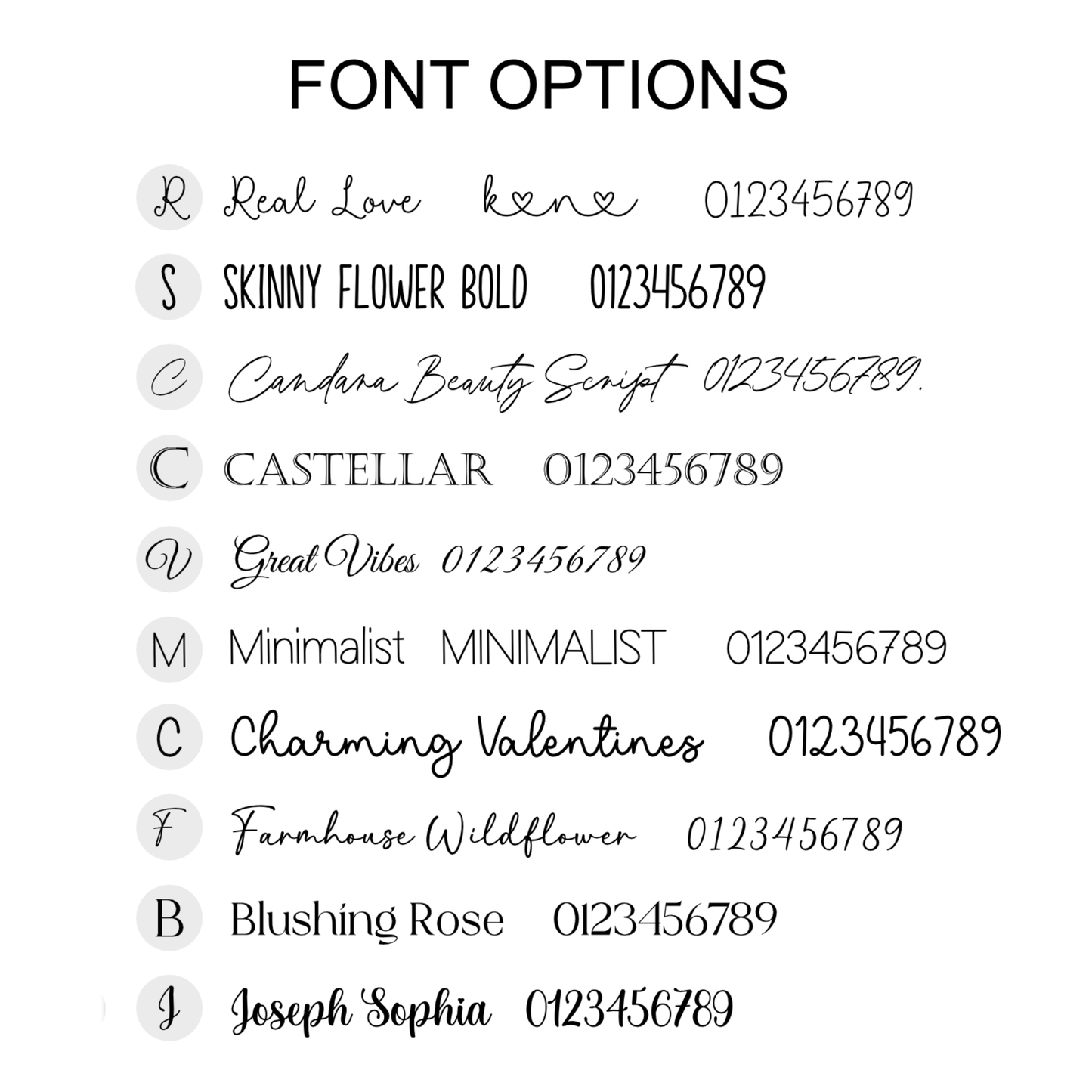 List of 10 fonts that can be chosen for custom engraving