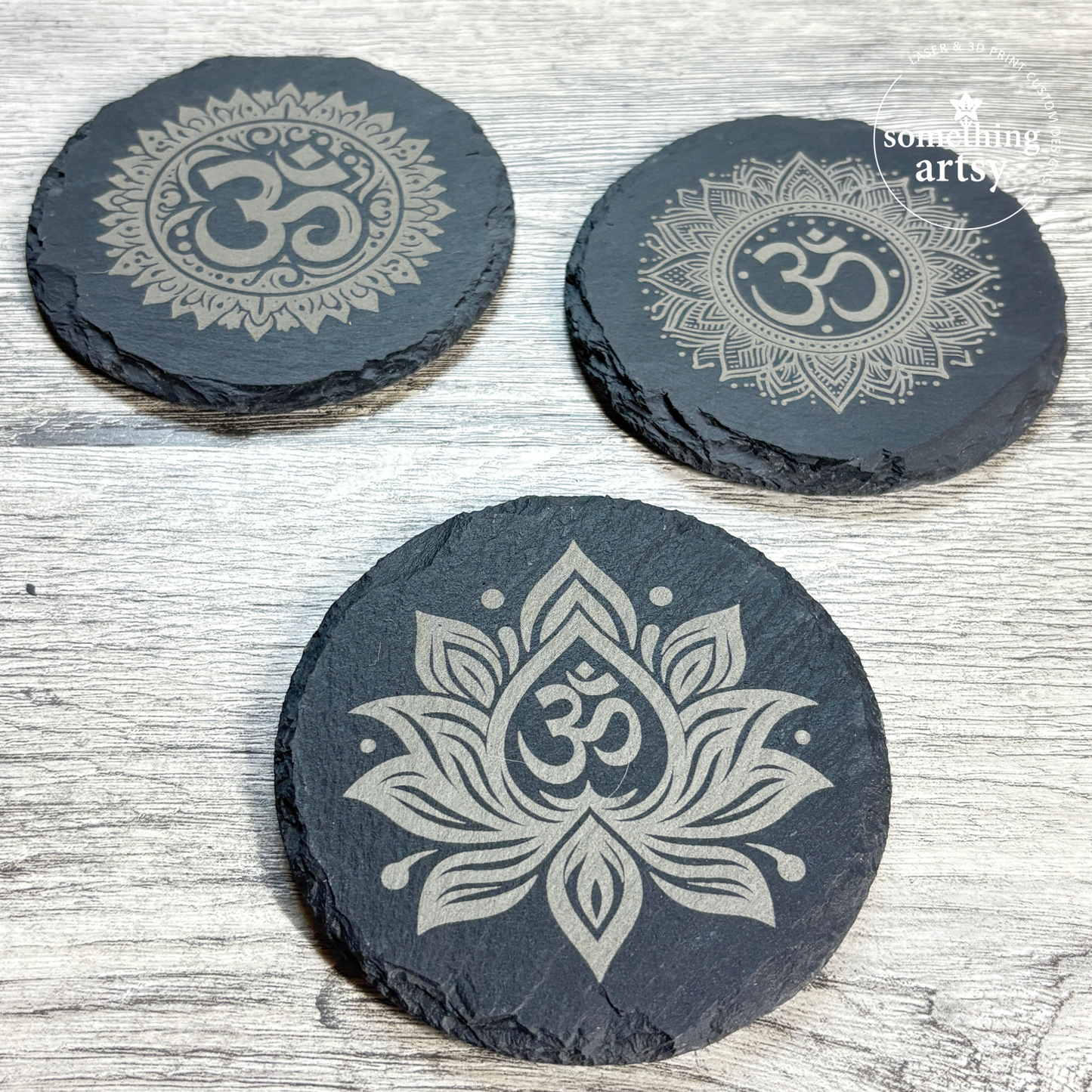 3 Round Slate coaster engraved with Namaste symbols