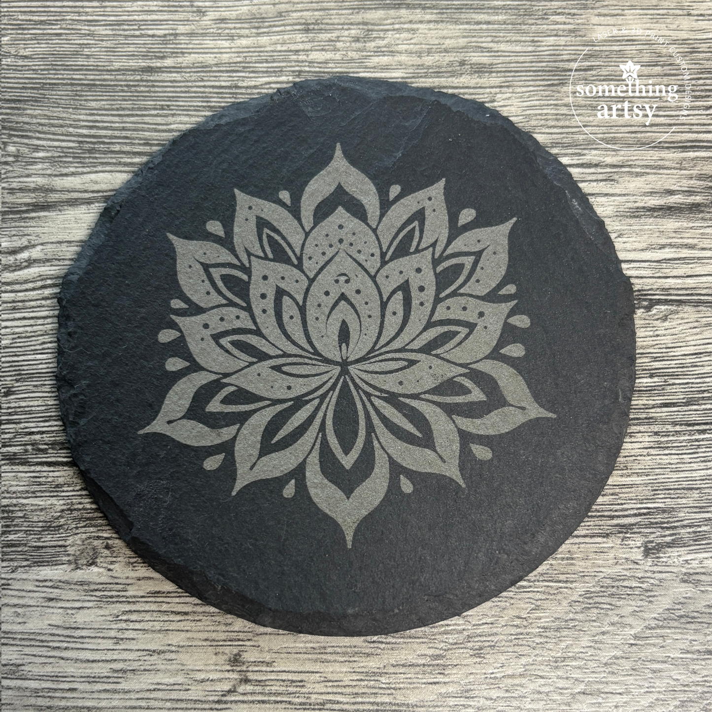 Round Slate coaster engraved with Namaste flower