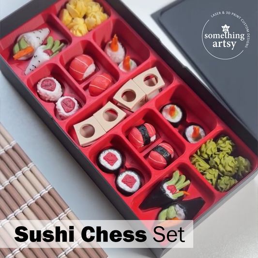 3D-printed sushi chess set with board and box