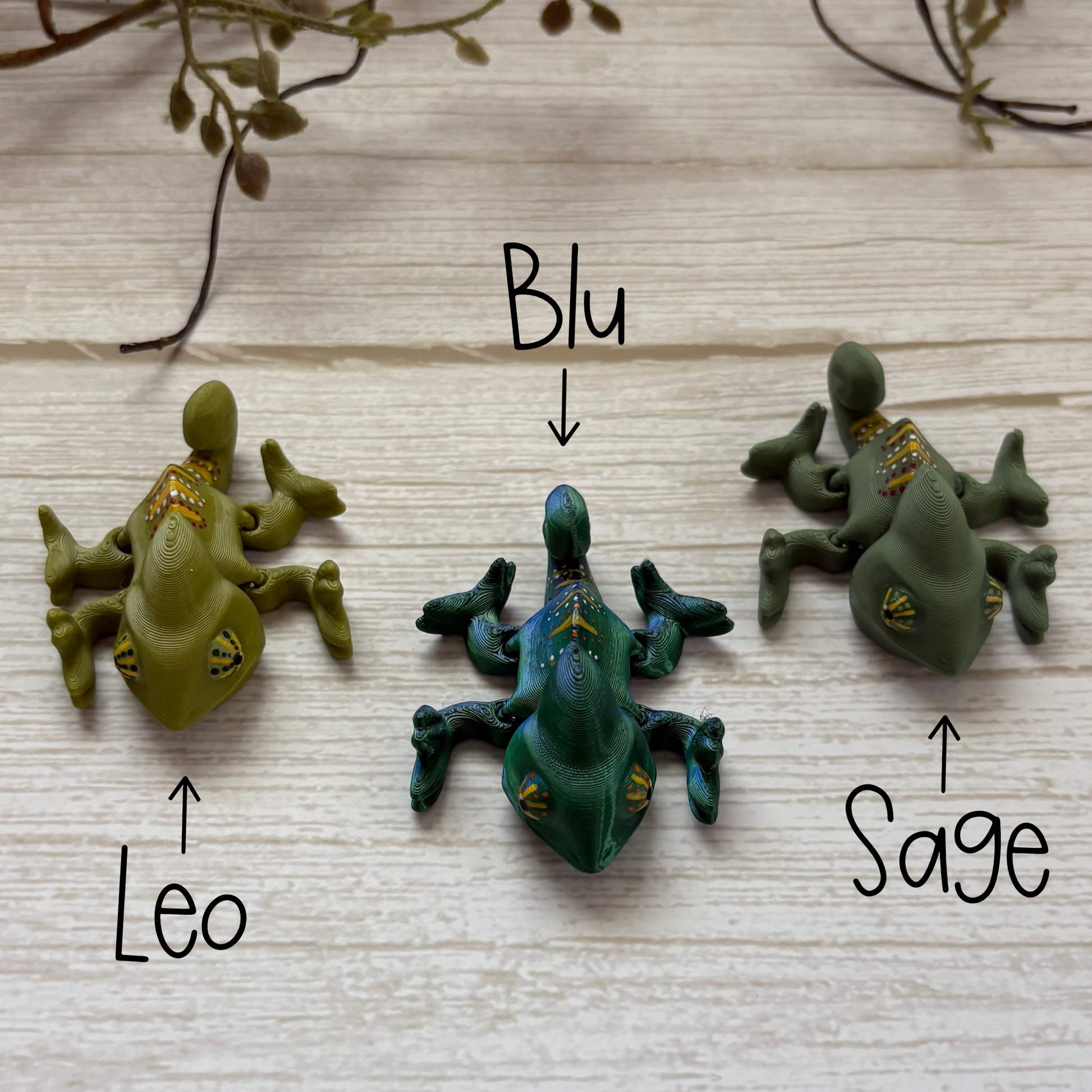 Front view of 3d printed articulating chameleons with names of the color options: Leo, Blu, and Sage