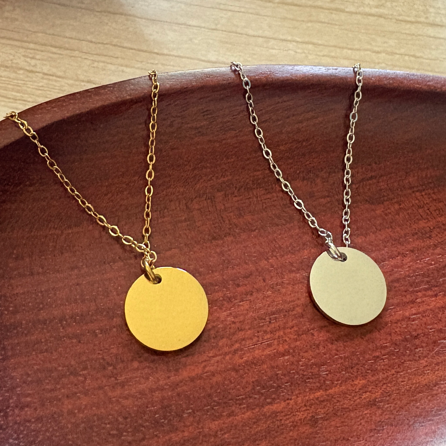15mm disc necklace  shown in silver or gold finish. 