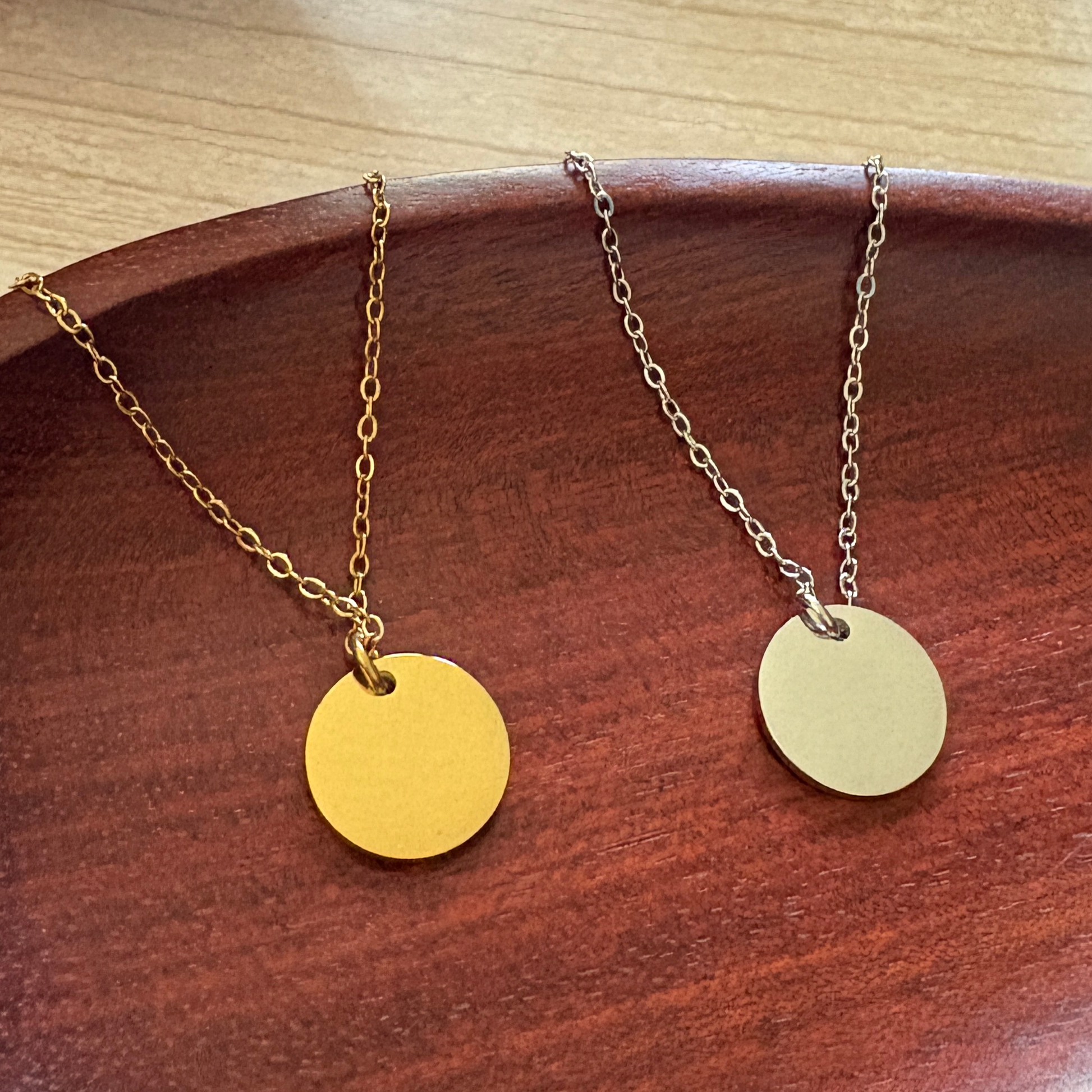15mm disc necklace  shown in silver or gold finish. 