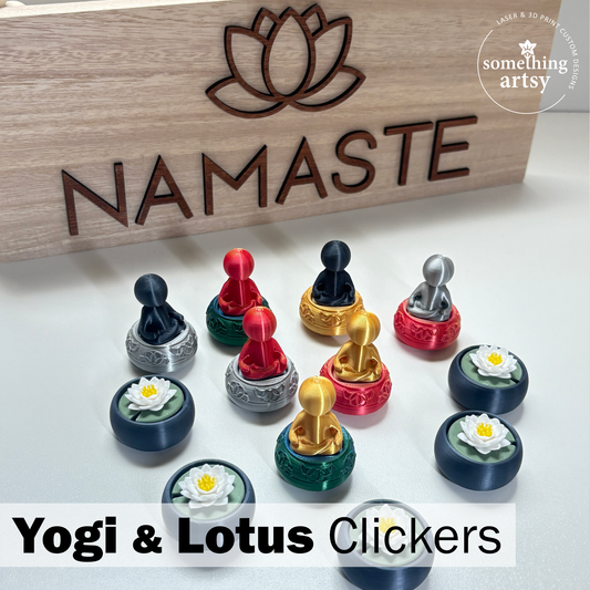 Yogi and Lotus Clickers on desk with Namaste frame in background