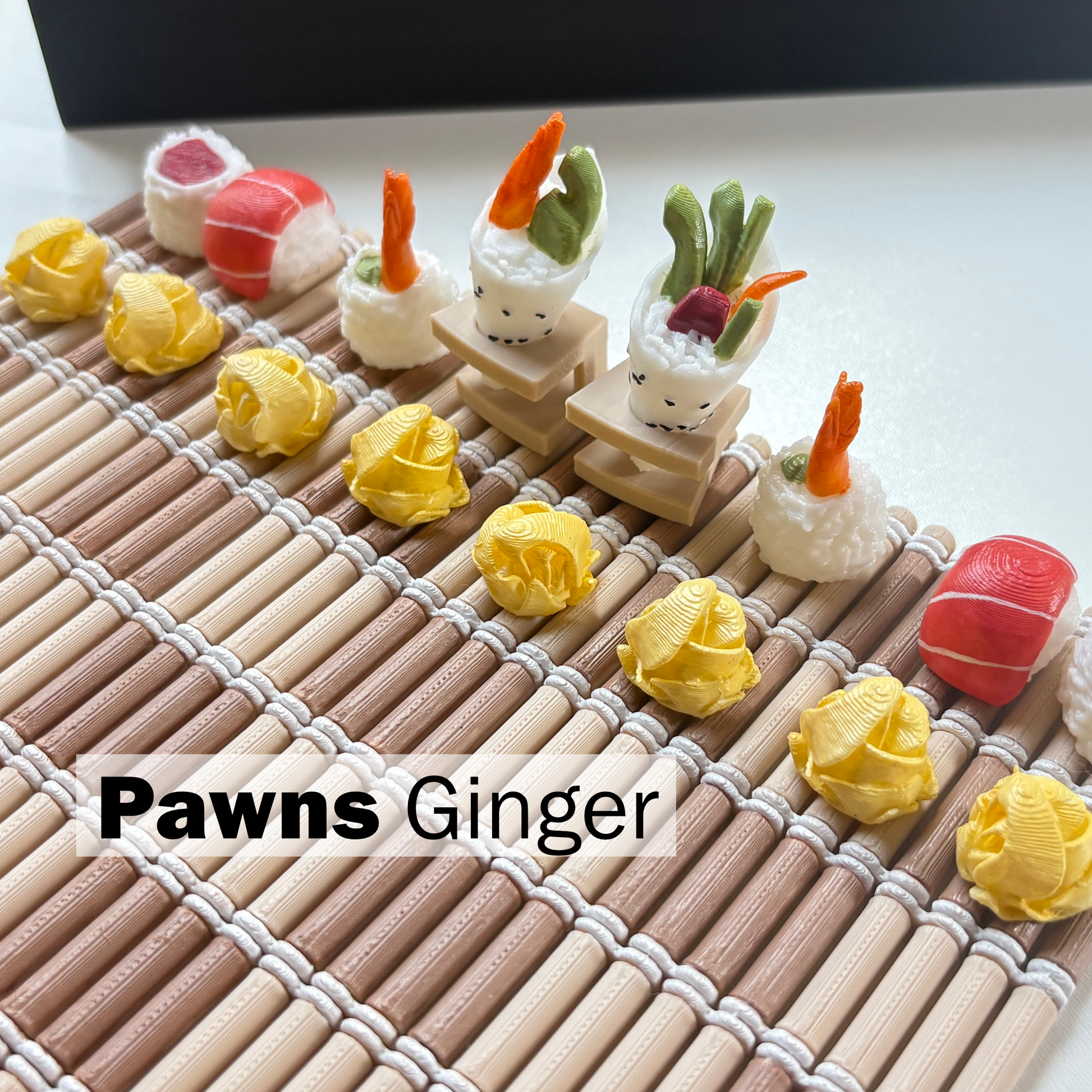 Ginger pawn pieces from sushi-themed 3D-printed chess set