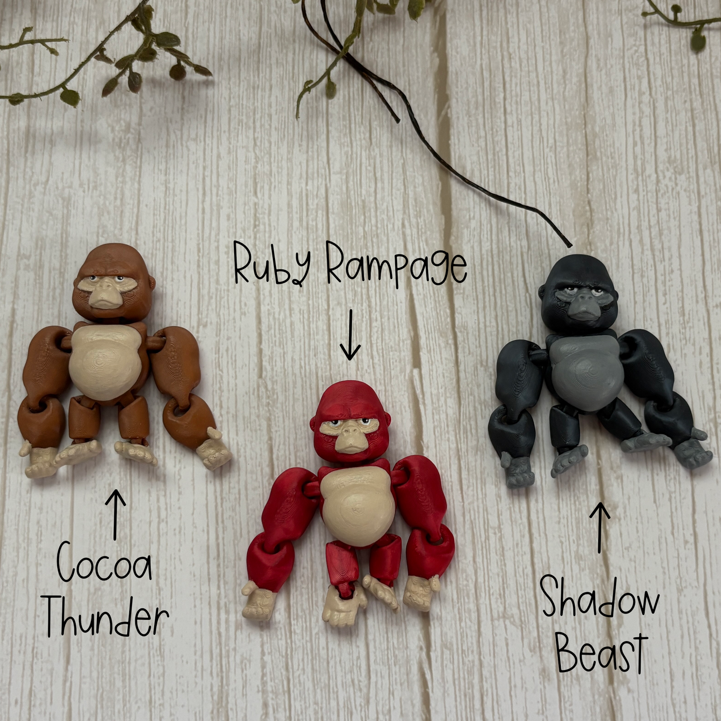 Three color options for the hanging articulating gorillas: Cocoa Thunder, Ruby Rampage, and Shadow Beast.