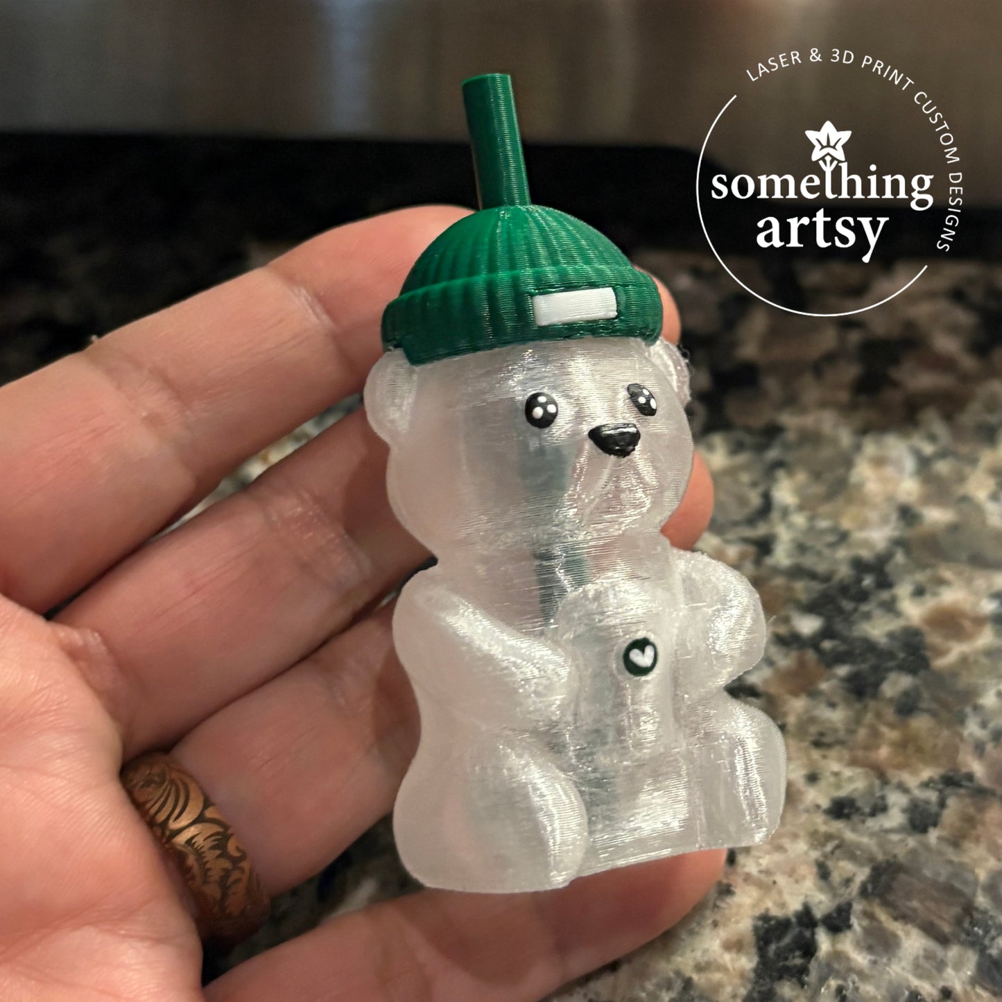 3D Printed Coffee Bear Keychain – Transparent Cup Mini Charm