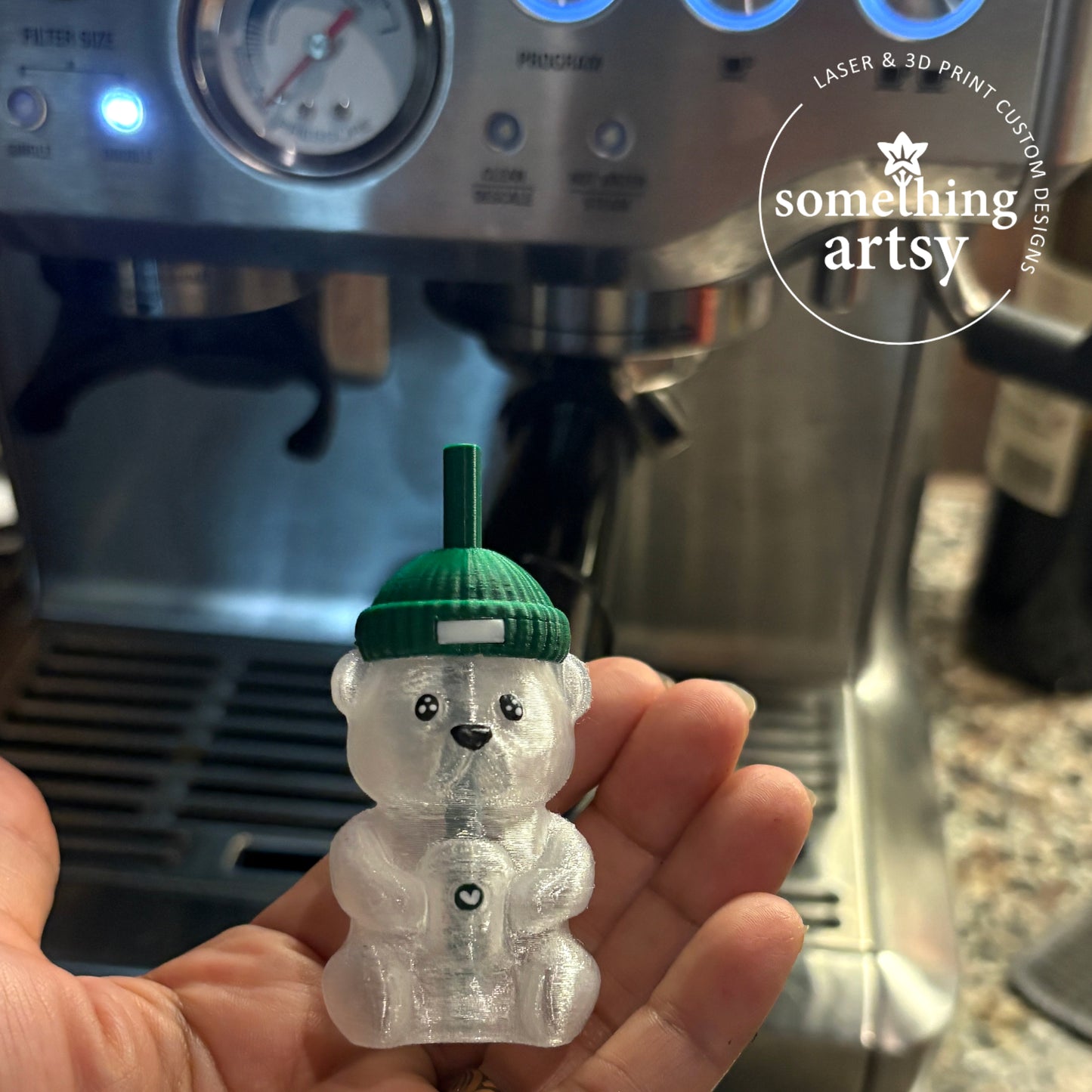 3D Printed Coffee Bear Keychain – Transparent Cup Mini Charm
