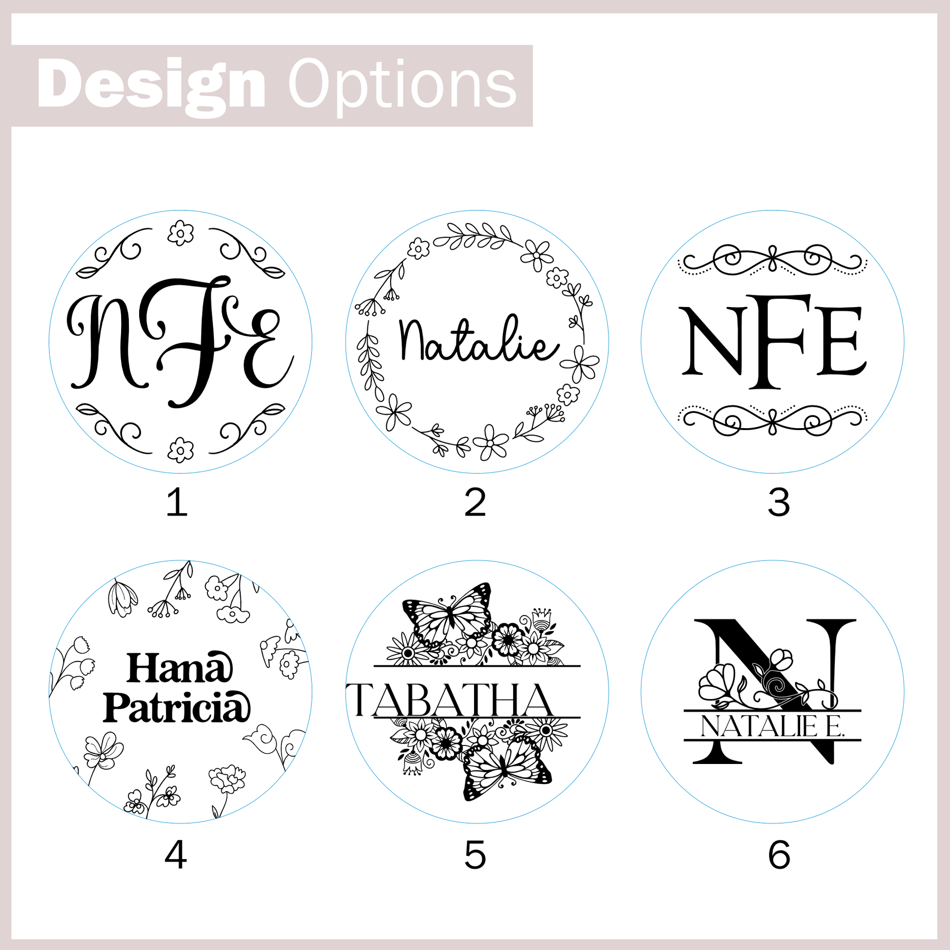 6 Design options for the custom engraved on the bamboo jar lids
