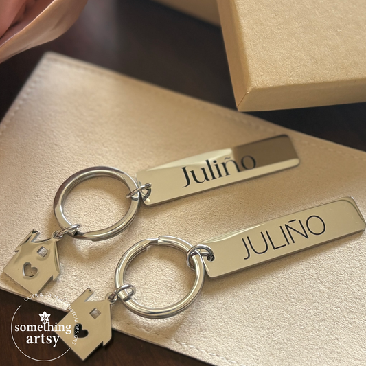 Personalized Rectangle Keychain with House Charm – Stainless Steel