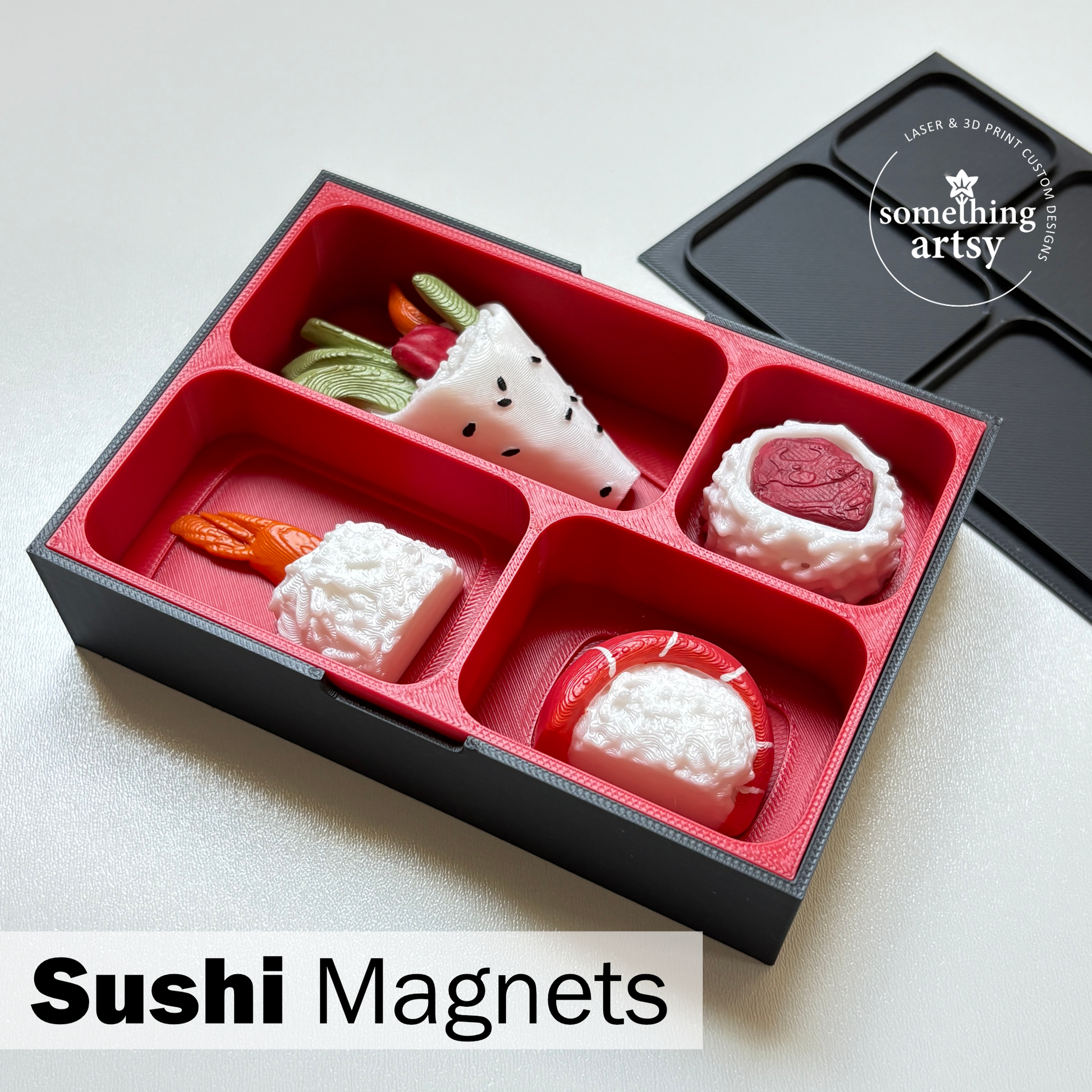 Bento box-style case with lid and internal dividers with 4-3d printed sushi pieces inside