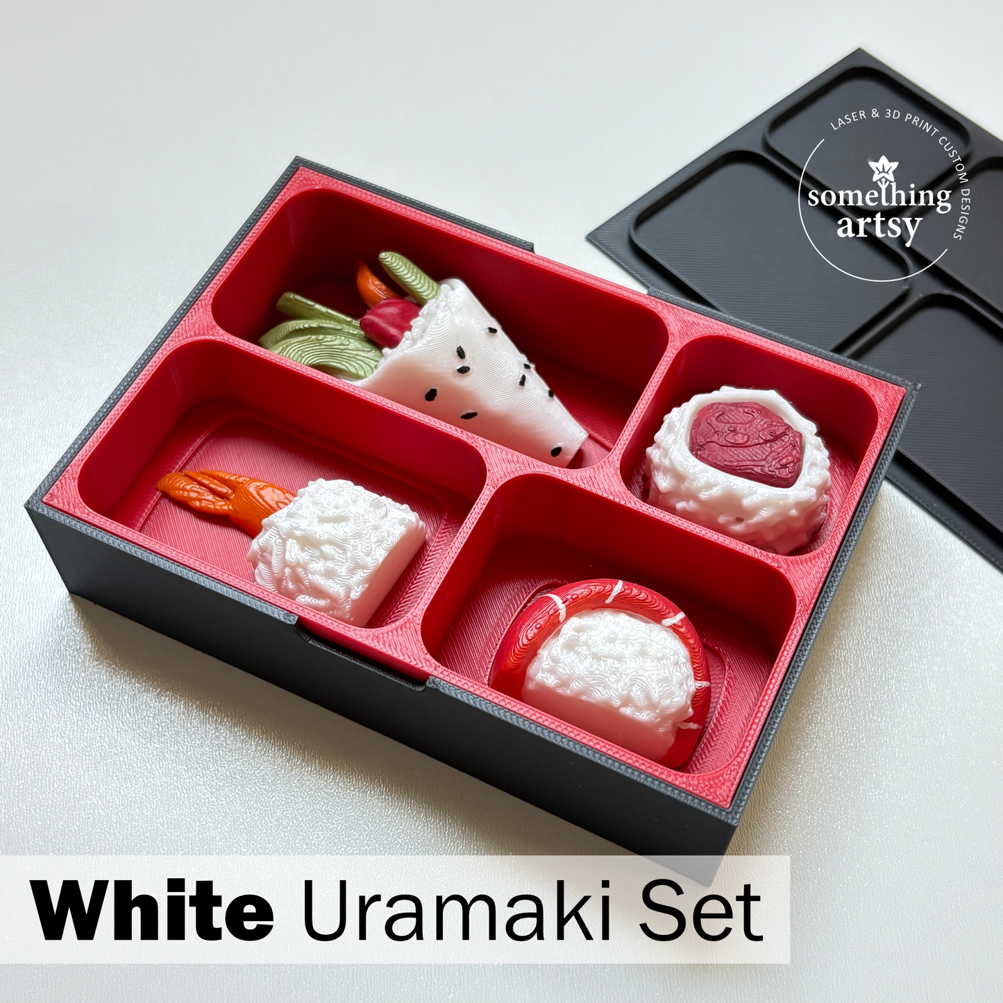 4-3d printed  white uramaki sushi set of magnets inside the box