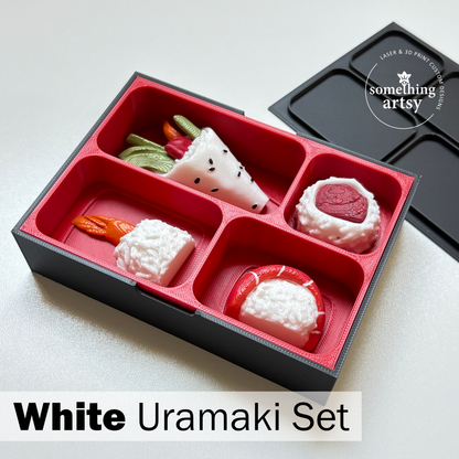 4-3d printed  white uramaki sushi set of magnets inside the box