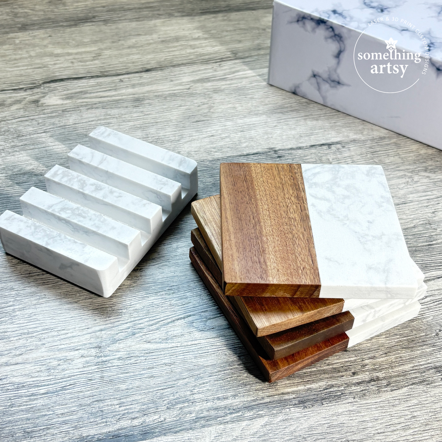 Elegant Marble & Acacia Coasters – Custom Engraved Gift Set
