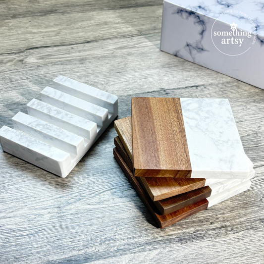 Elegant Marble & Acacia Coasters – Custom Engraved Gift Set
