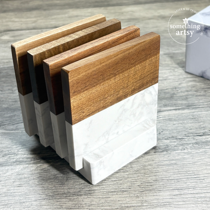 Elegant Marble & Acacia Coasters – Custom Engraved Gift Set