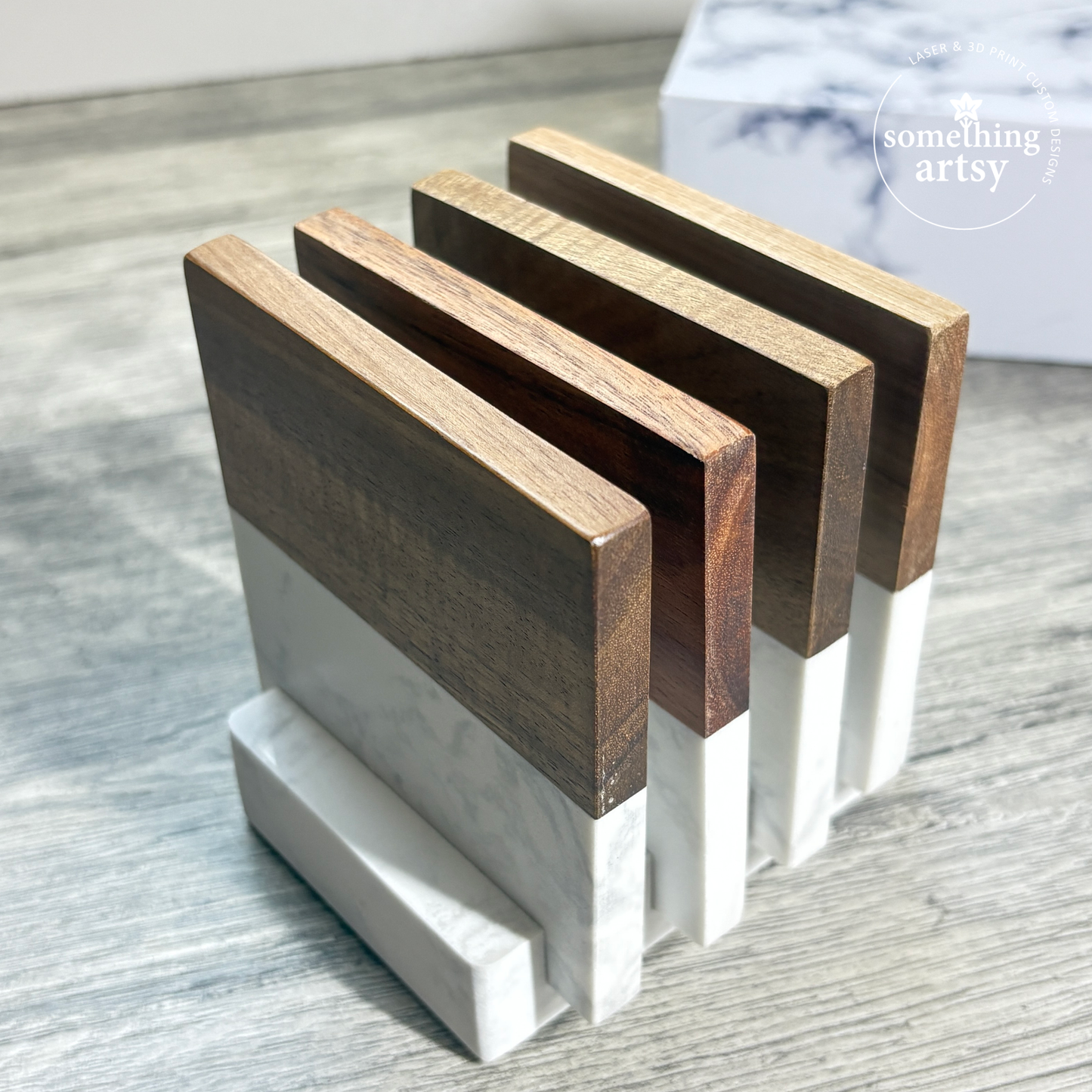Elegant Marble & Acacia Coasters – Custom Engraved Gift Set