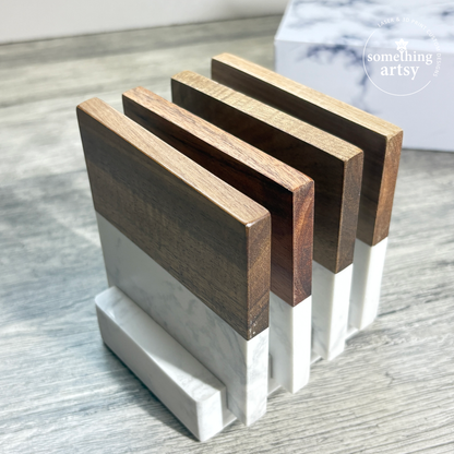 Elegant Marble & Acacia Coasters – Custom Engraved Gift Set