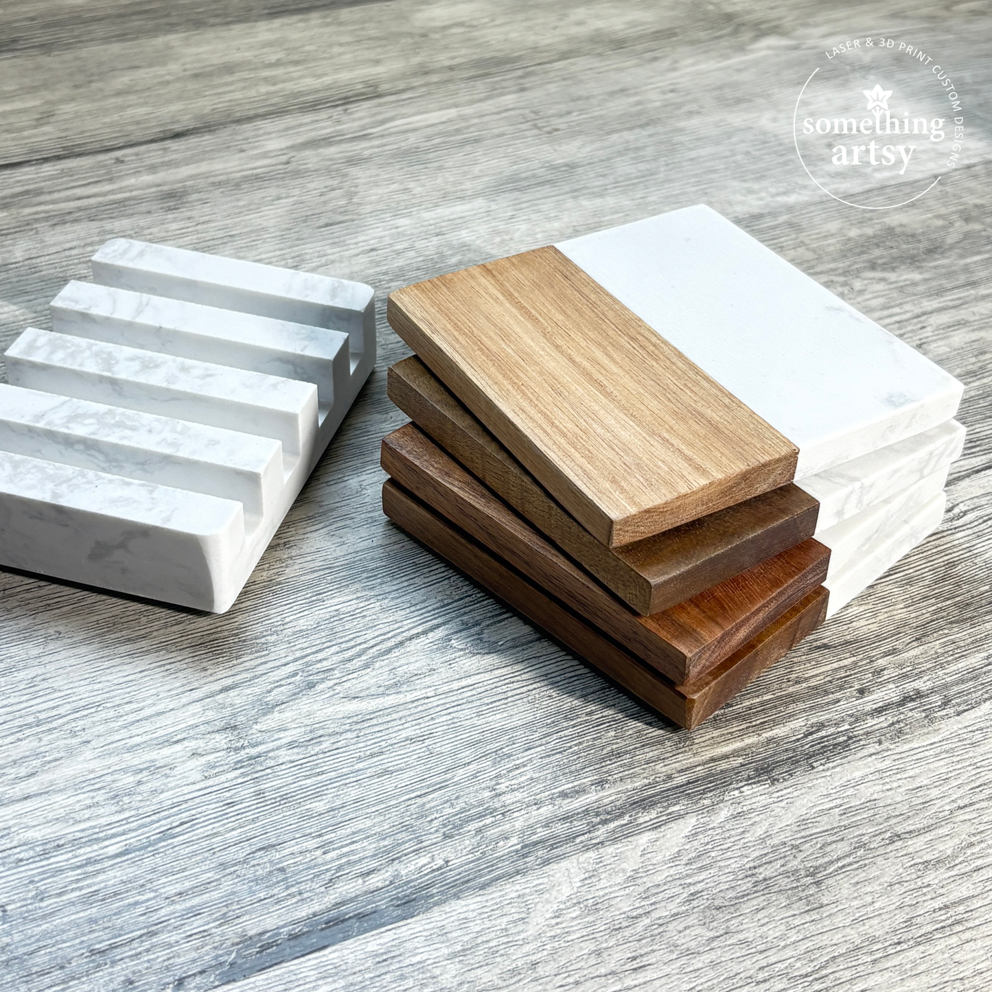 Elegant Marble & Acacia Coasters – Custom Engraved Gift Set