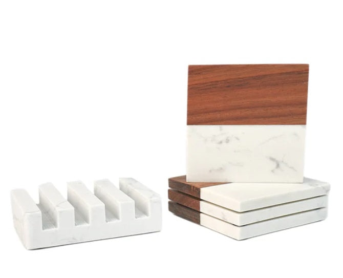 Marble & Acacia Wood Coasters 4 Piece + Display Base