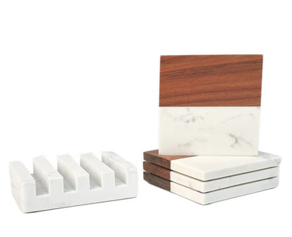 Marble & Acacia Wood Coasters 4 Piece + Display Base