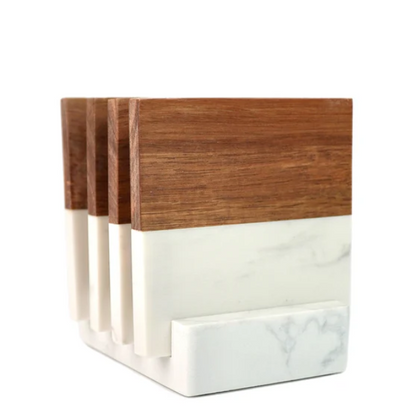 Marble & Acacia Wood Coasters 4 Piece + Display Base