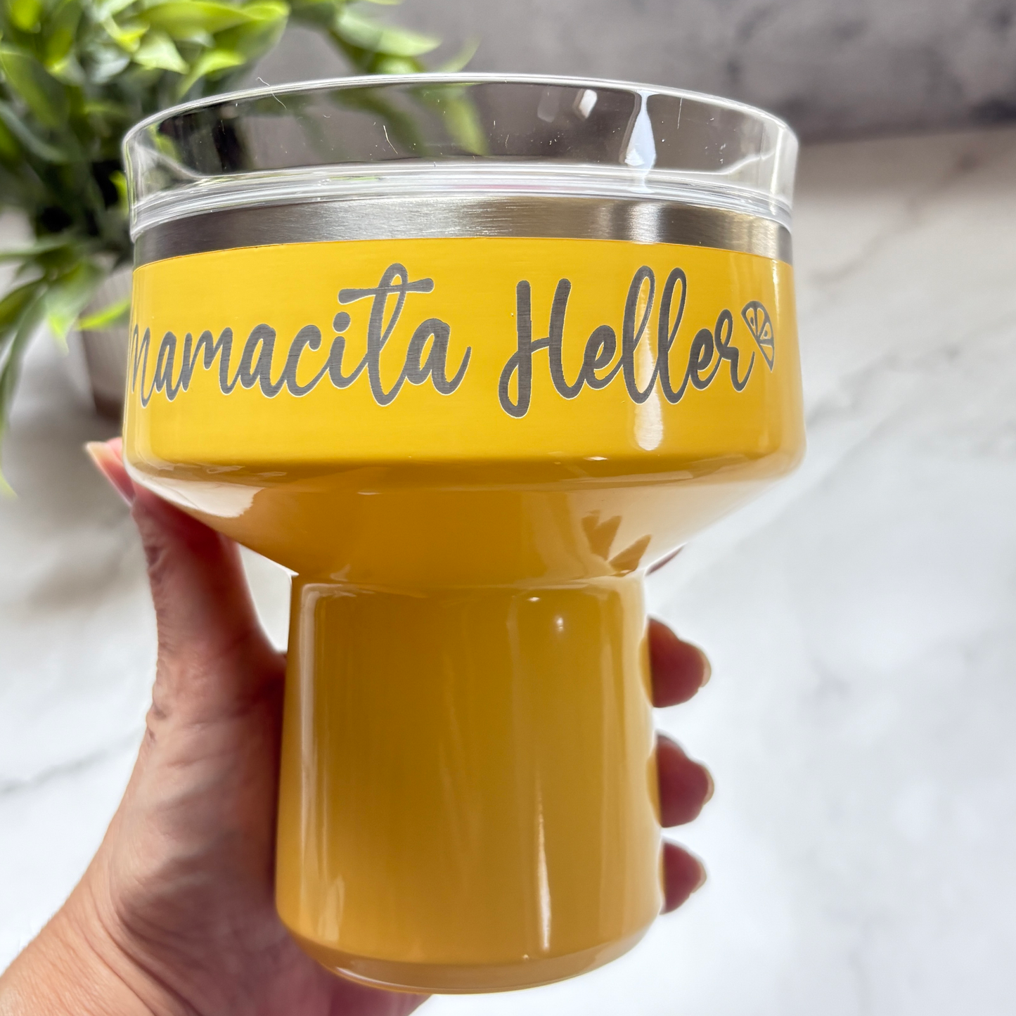 Margarita Tumbler in pineapple color with an engraved name