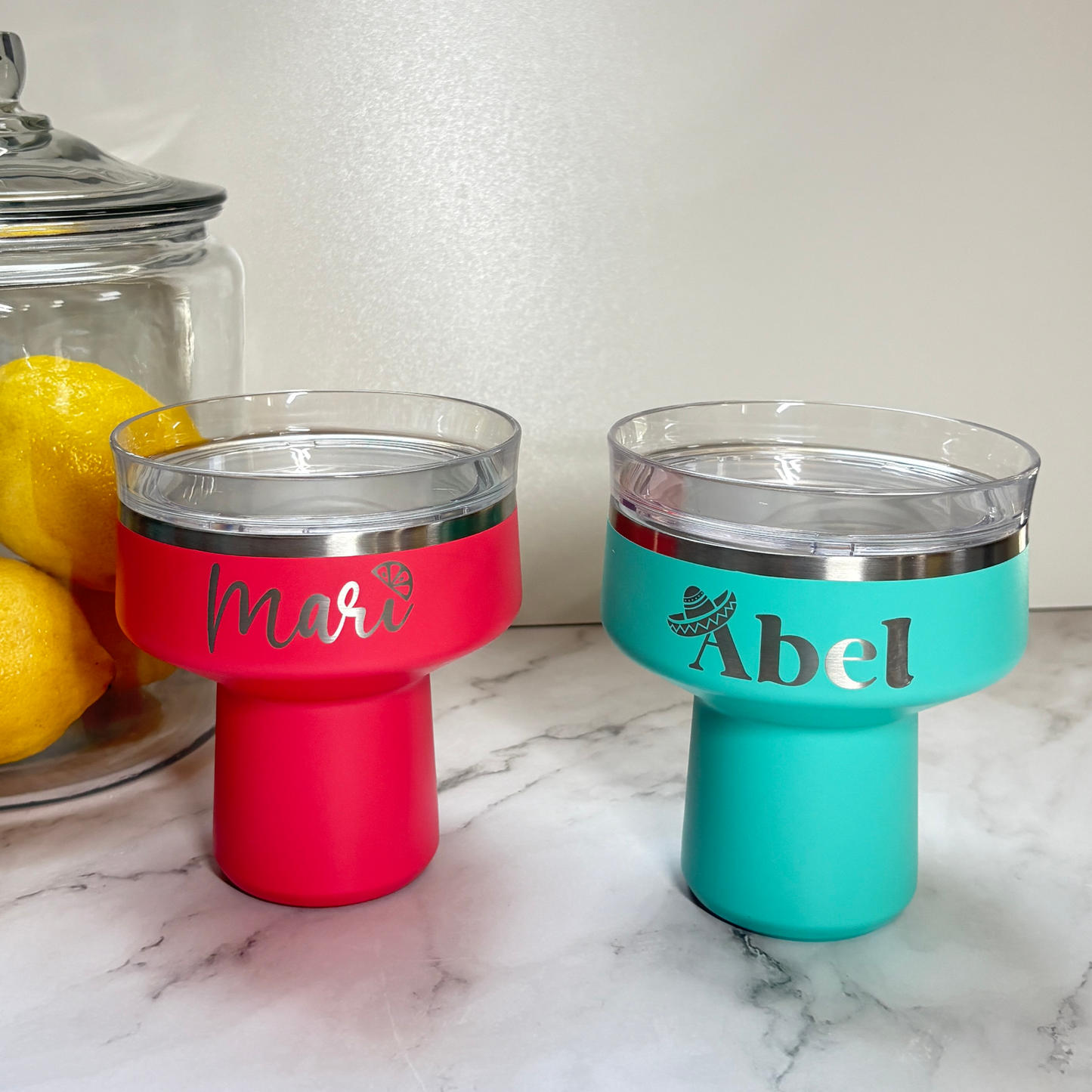 2 margarita tumblers in color ocean breeze and daiquiri, with an engraved name