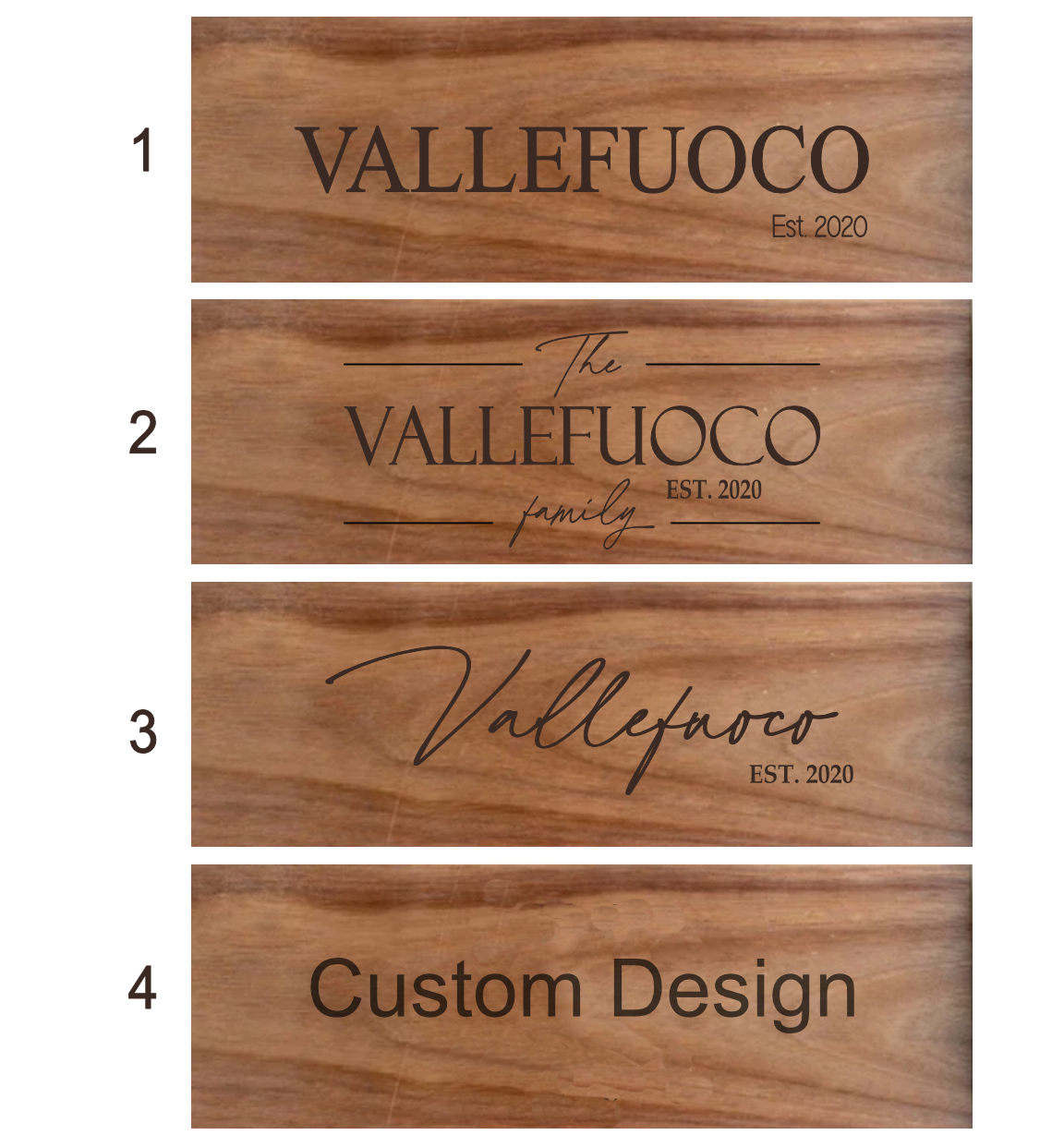 4 Design options to engrave on the Charcuterie Board, the last one is a Custom Design option