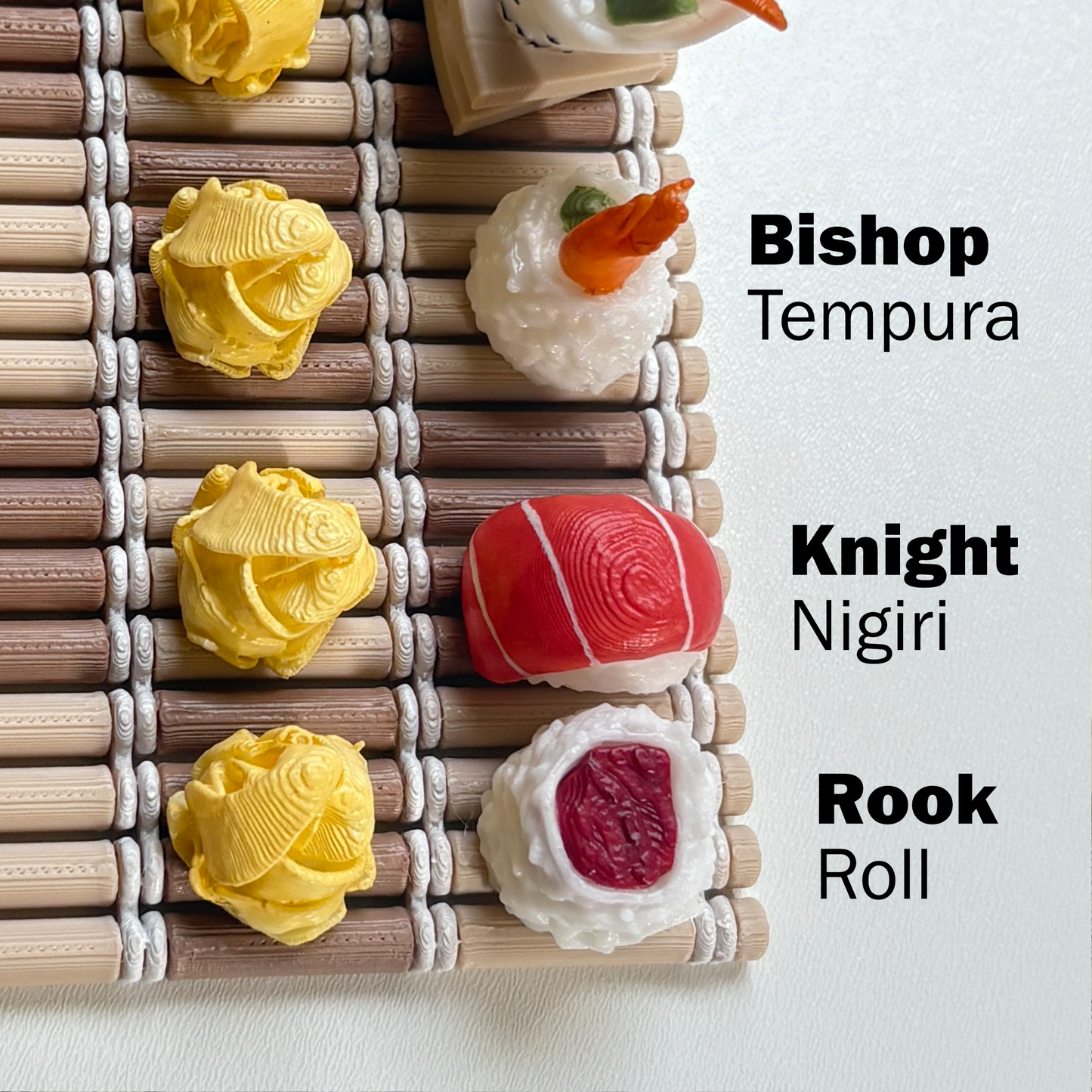 3D Printed sushi chess pieces Bishop as tempura, Knight as nigiri and Rook as roll