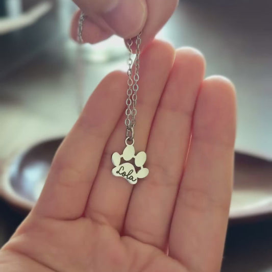 Silver Paw Necklace with a name engraved