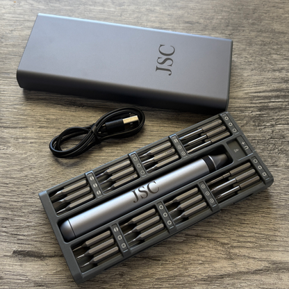 52-in-1 Electric Screwdriver Set displaying custom engraved initials JSC on the case and tool.