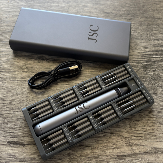 52-in-1 Electric Screwdriver Set displaying custom engraved initials JSC on the case and tool.