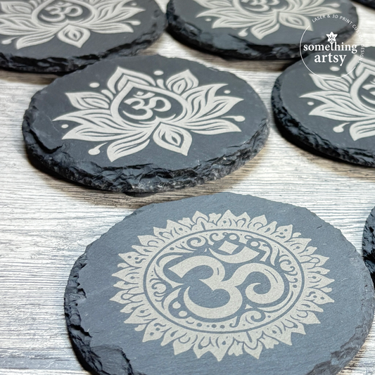 Round Slate coaster engraved with Namaste symbols