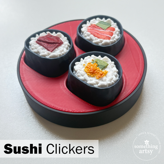 Custom circular tray with divided compartments holding 3 sushi 3d printed clickers