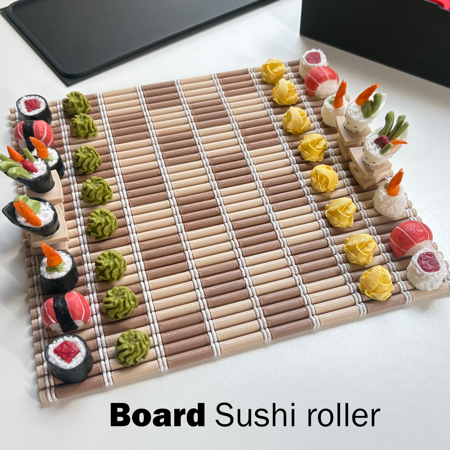 3D-printed sushi chess set with all pieces over sushi roller board