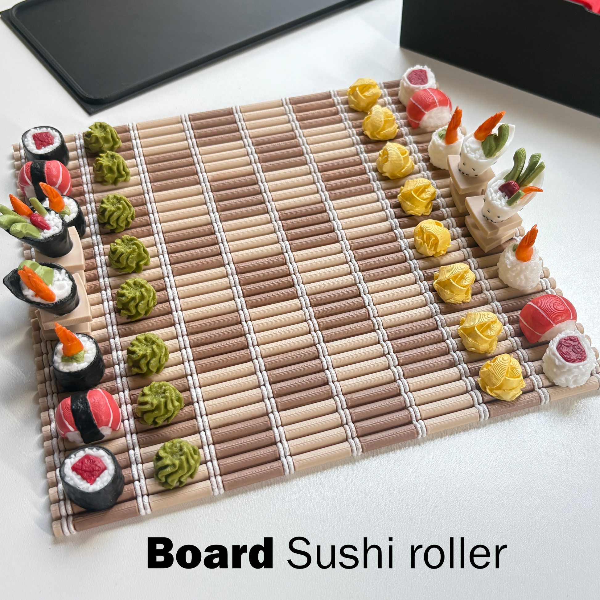 3D-printed sushi chess set with all pieces over sushi roller board