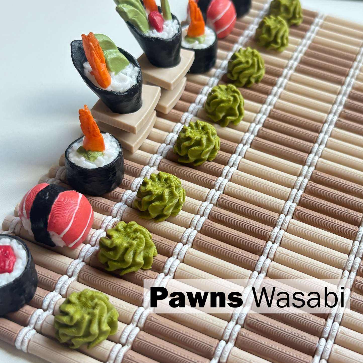 Wasabi pawn pieces from sushi-themed 3D-printed chess set