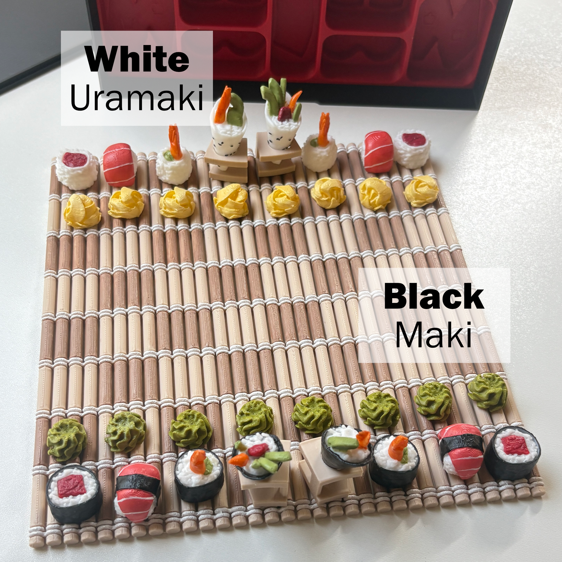 3D Printed sushi chess set showing White pieces as Uramaki and Black pieces as Maki