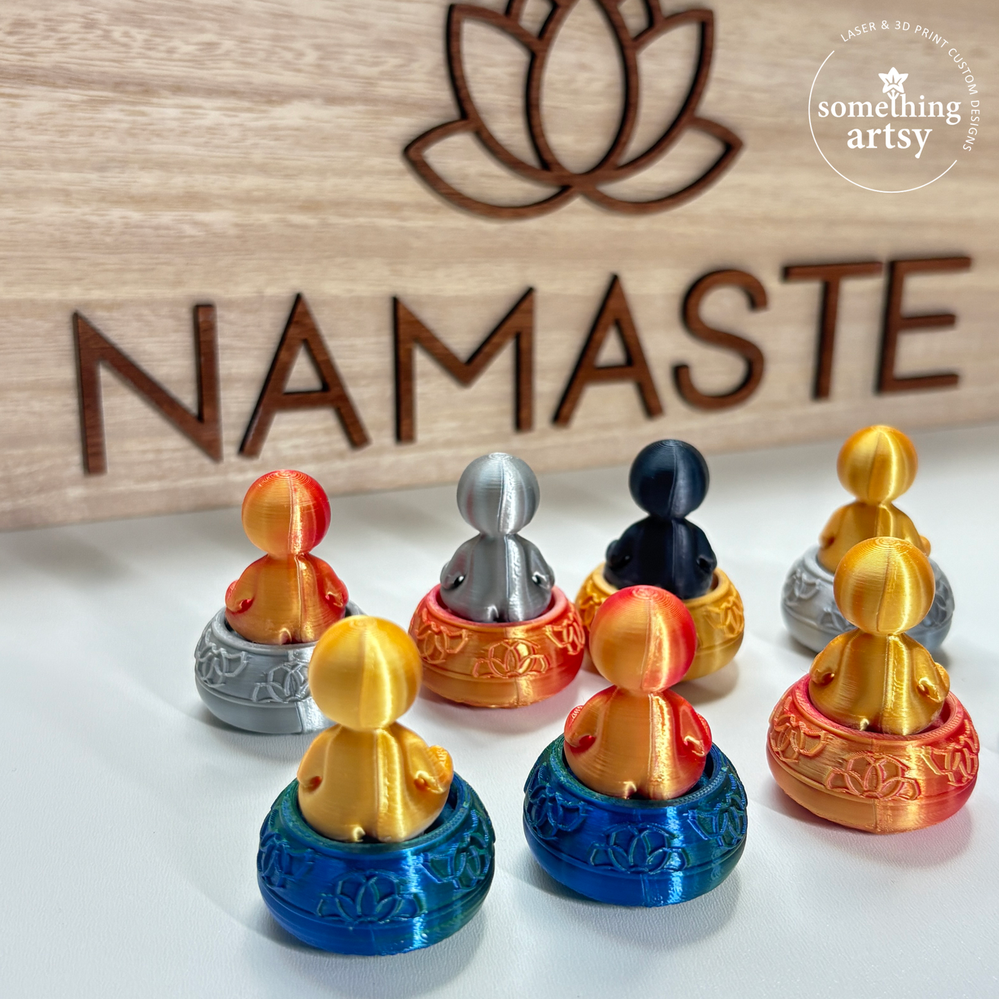 The back of Yogi  Clickers with Namaste frame in background