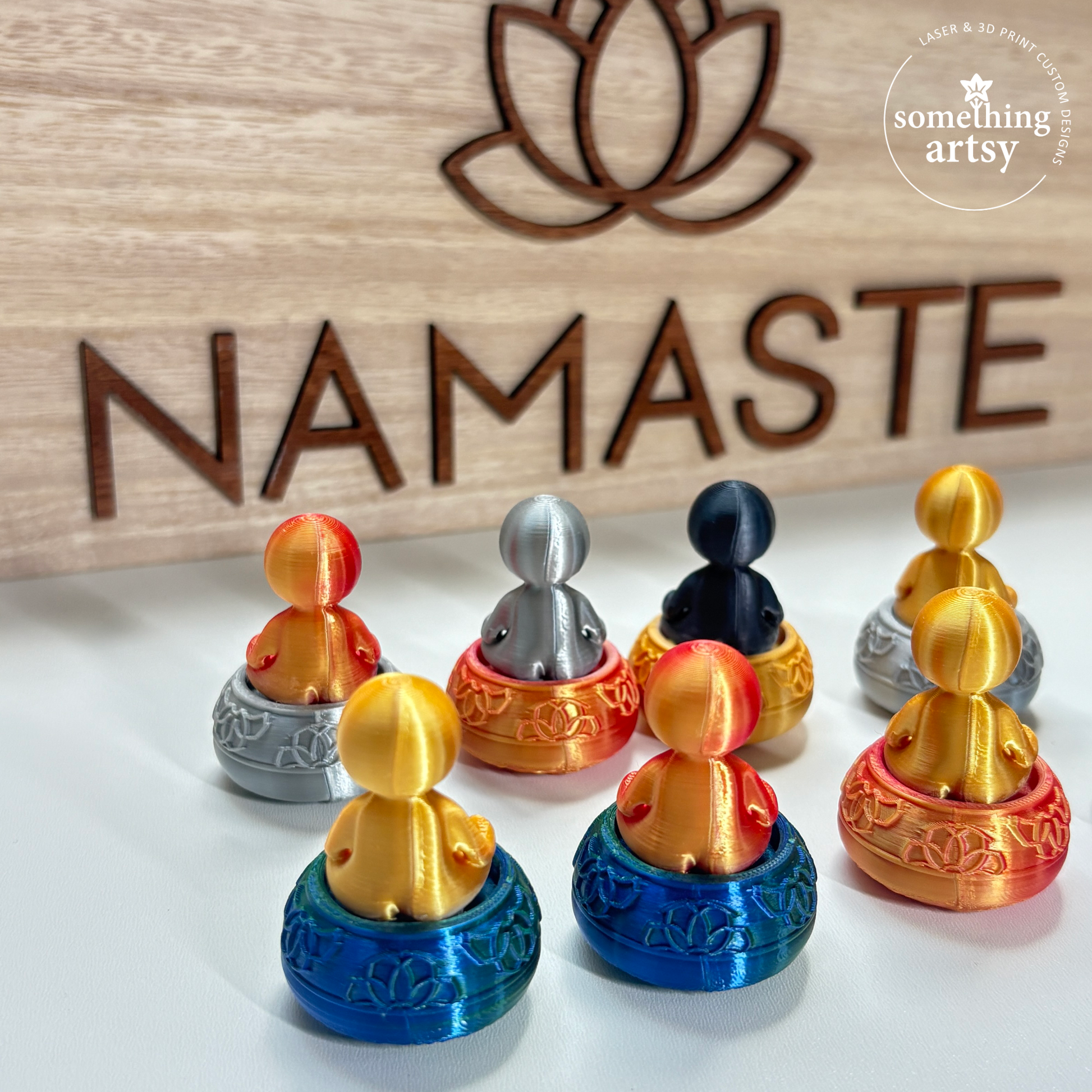 The back of Yogi  Clickers with Namaste frame in background